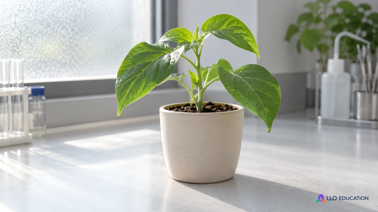 Sur une paillasse claire, une jeune plante verte en pot reçoit la lumière d’une fenêtre ; ses feuilles occupent le centre de la scène.