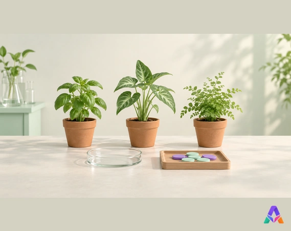 Plants en pots, récipient transparent et petits jetons violets et menthe sur une table claire.
