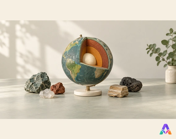 Globe pédagogique en coupe, petites pierres et socle clair sur une table de musée.