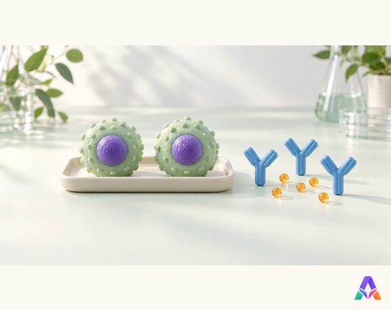 Formes de cellules, molécules en Y et particules colorées sur une table claire.