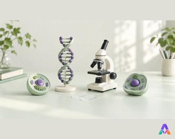Modèle d’ADN, microscope, lames et cellules figuratives sur une table claire.