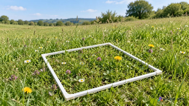 Un carré d’échantillonnage dans une prairie ouvre la question de la mesure de biodiversité.
