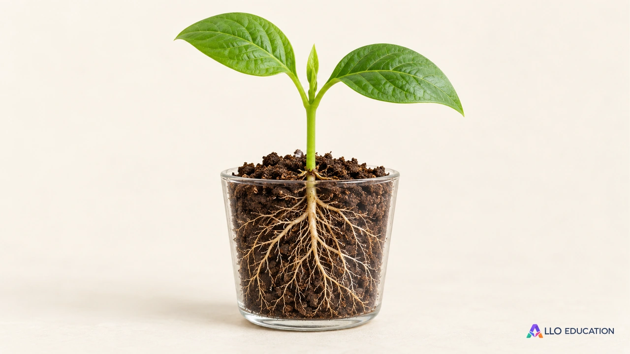Une jeune plante verte entière avec deux feuilles distinctes et un réseau de fines racines visibles sous la motte.