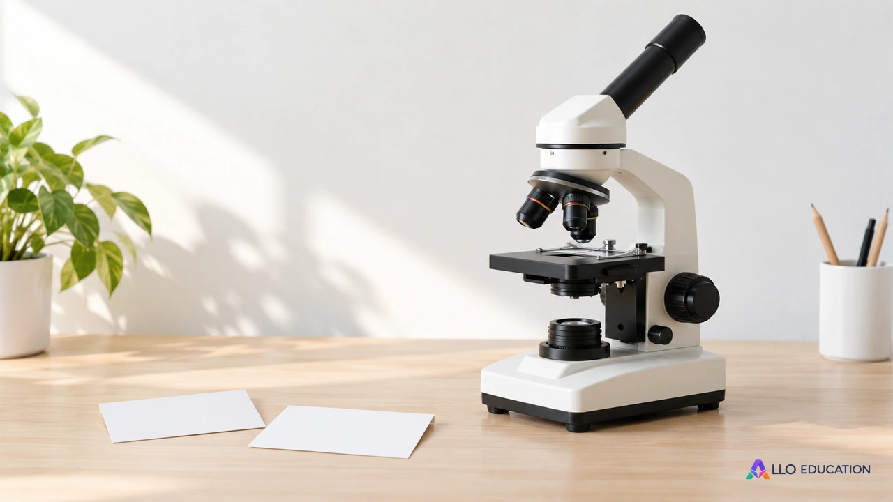 Un microscope scolaire accompagne deux cartes vierges sur une table claire.