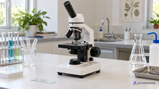 Un microscope central évoque l’étude des cellules et des données biologiques.