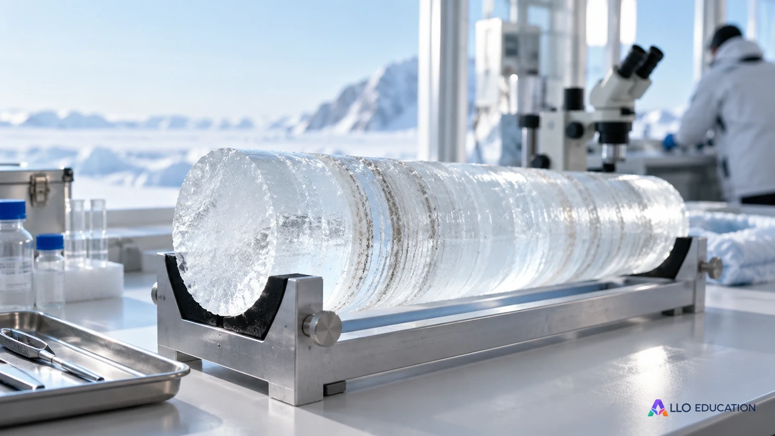 Une carotte de glace évoque une archive naturelle du climat.