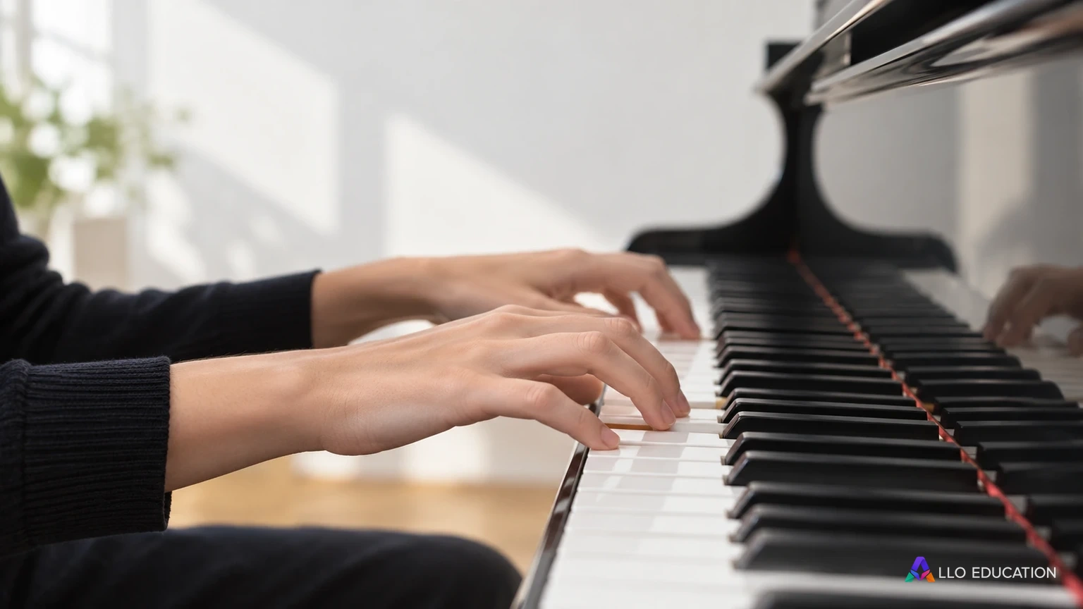 Des doigts en action au piano évoquent un geste volontaire appris.
