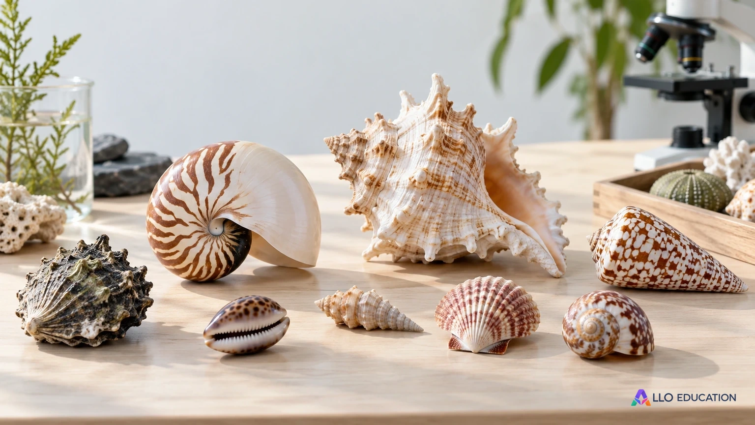 Des coquilles de formes variées évoquent la diversité du vivant.