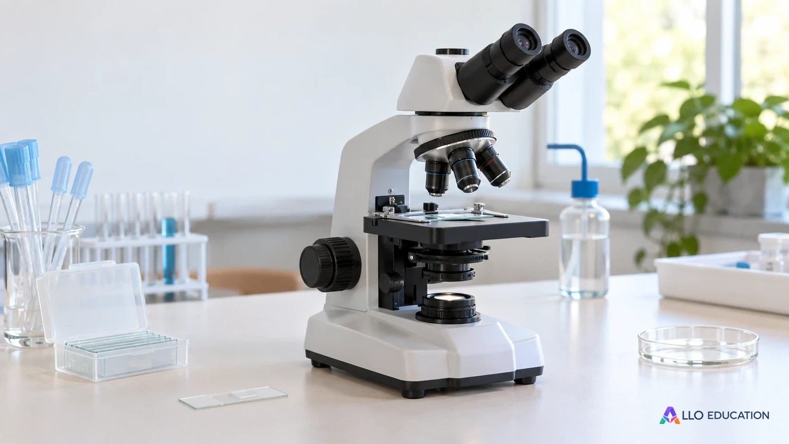 Un microscope et une lame évoquent l’observation du monde microbien.