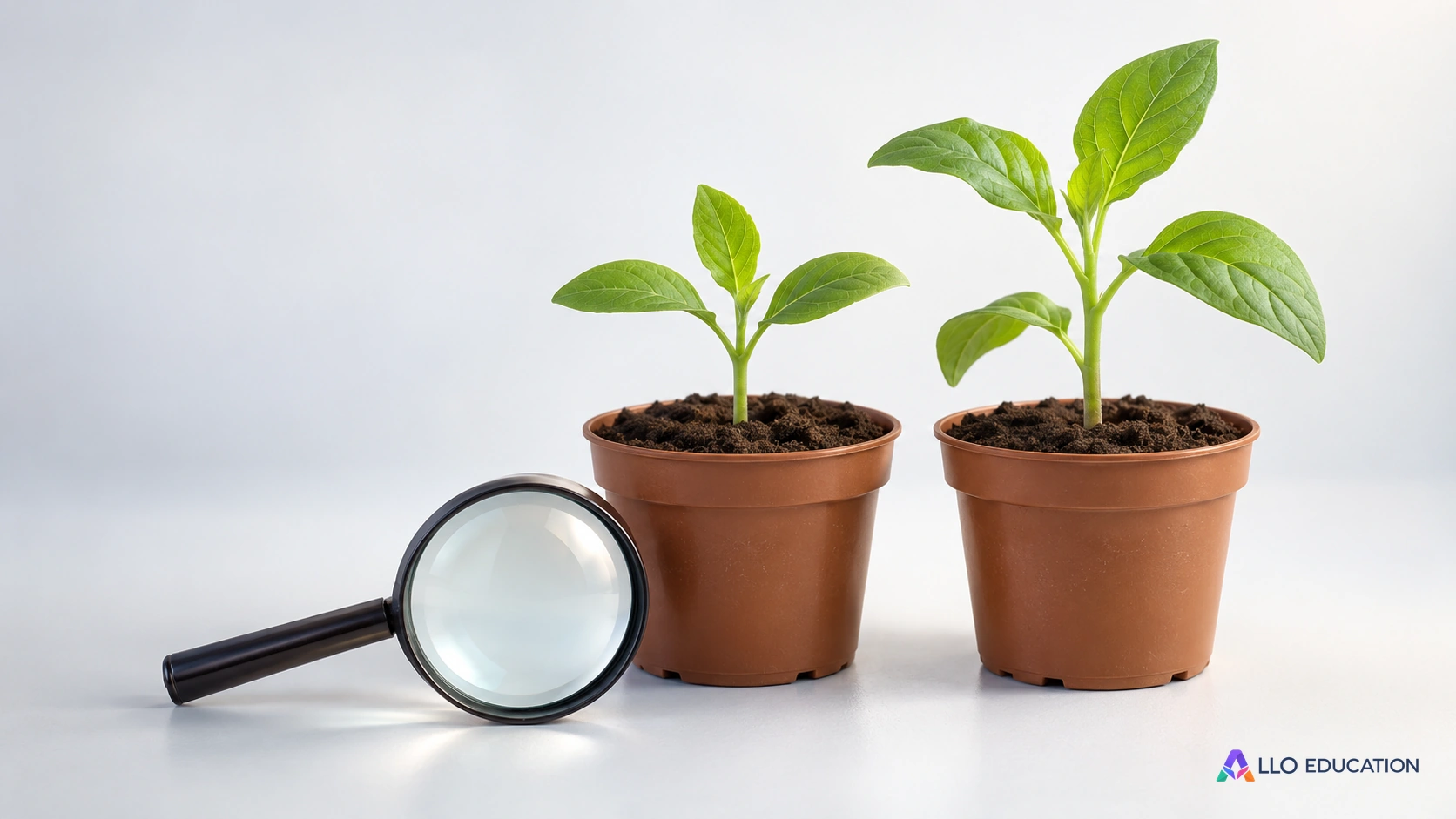 Deux jeunes plants et une loupe composent une scène d’observation.