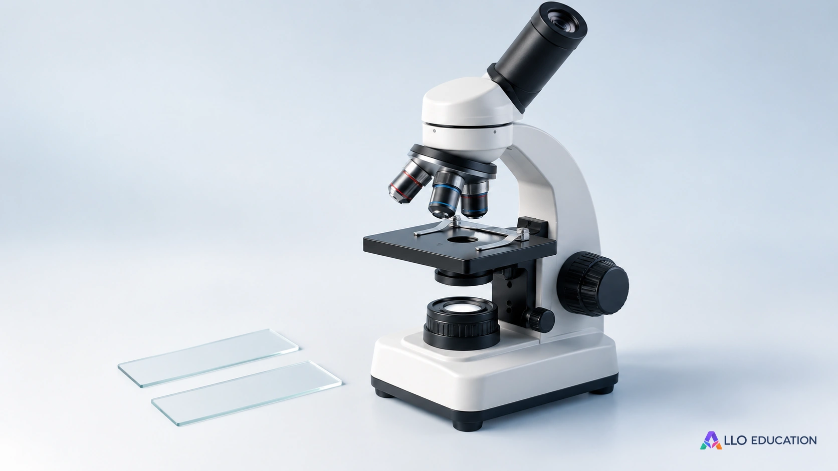Un microscope et deux lames muettes évoquent l’étude des cellules.