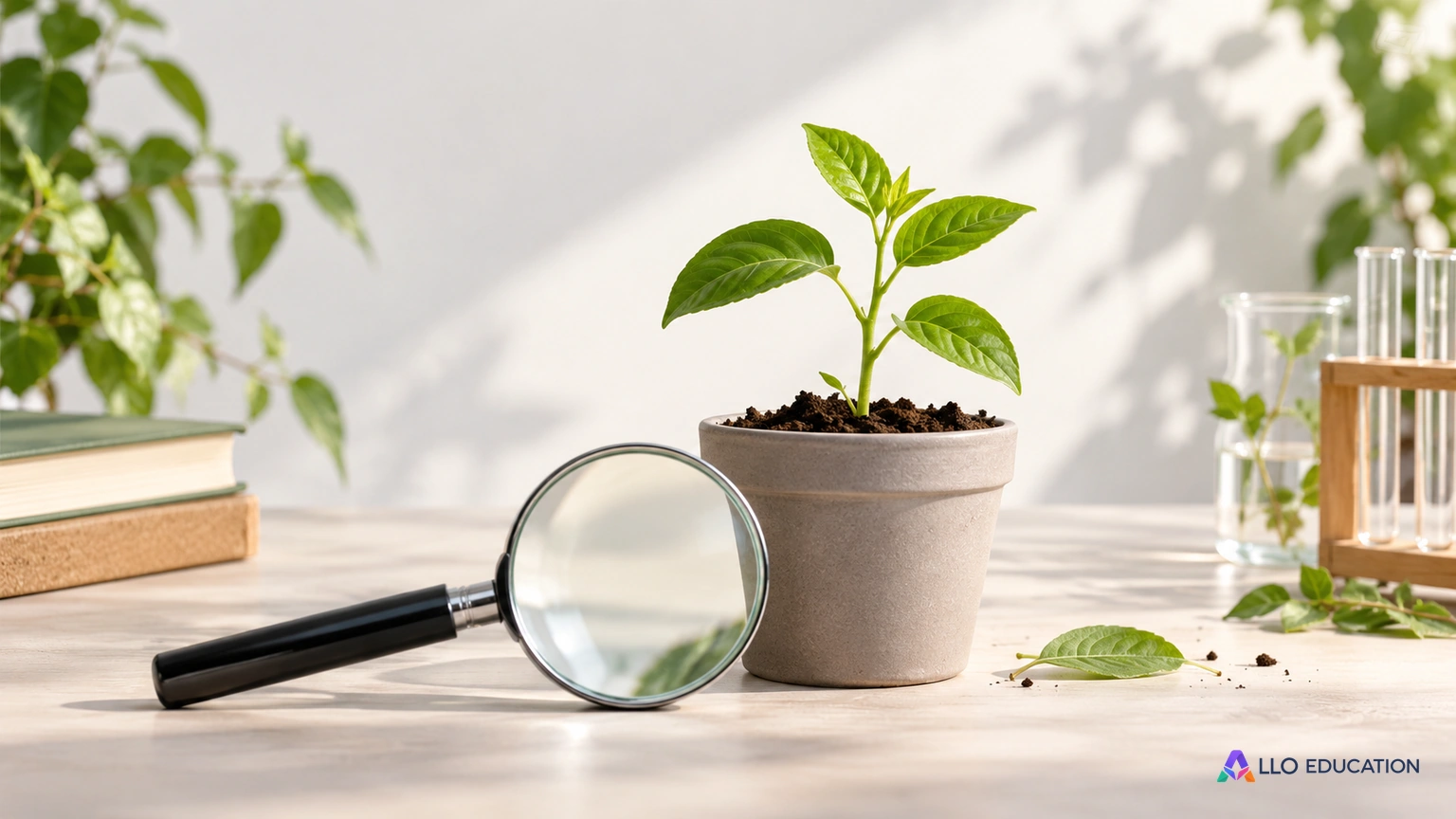 Une loupe près d’une jeune plante invite à observer.