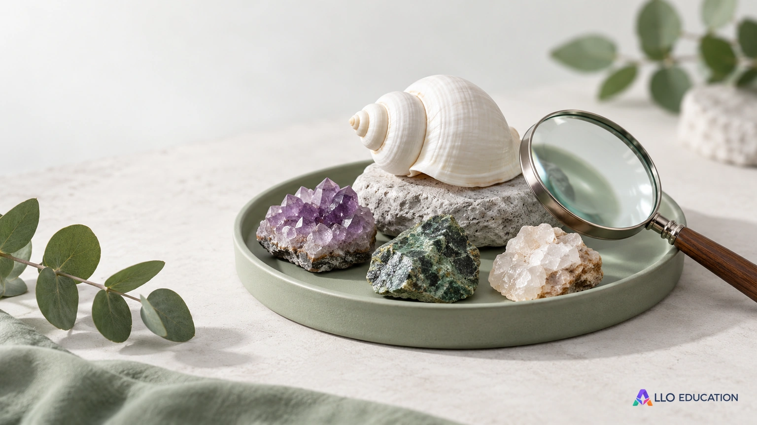 Loupe, coquille actuelle et échantillons minéraux sur fond clair.